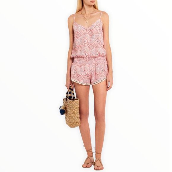 Paloma Blue Silk Pink Geometric Print Crochet Trim Romper Playsuit size Large - Picture 1 of 13